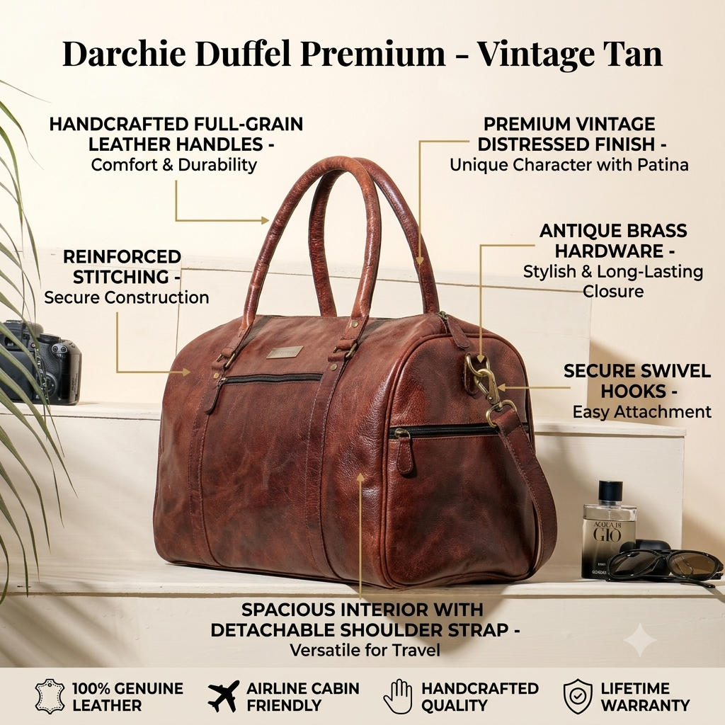 Darchie Duffel Premium Large Leather Duffel Bag (Vintage Tan) (Copy) - Image 3