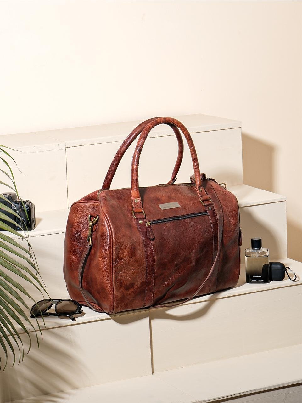 Darchie Duffel Premium Large Leather Duffel Bag (Vintage Tan)